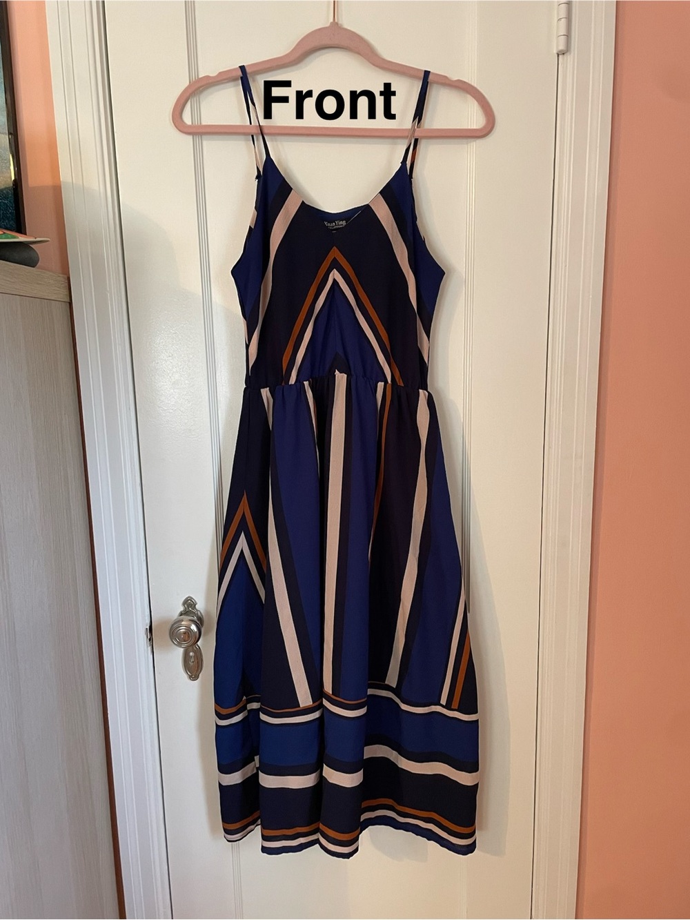 Spaghetti Strap Midi Dress in Navy with Multi-Stripe Pattern